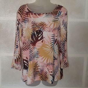 Investments Colorful Leaves Eyelet Cut Long Sleeve Top